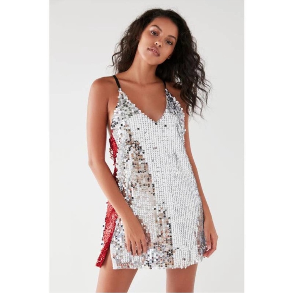 The Ragged Priest silver red sequins fun flirty mini dress XS
